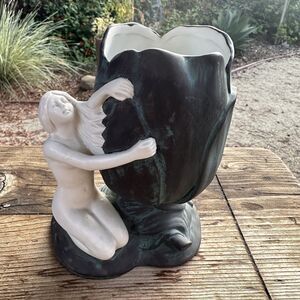 Vintage Art Nouveau Ceramic Vase Nude Lady Figure patina